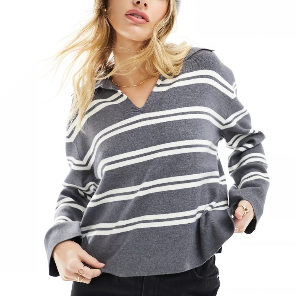 Aware Vneck Knitted Stripe Polo Jumper Sweater Gray White Small Vero Moda Crop